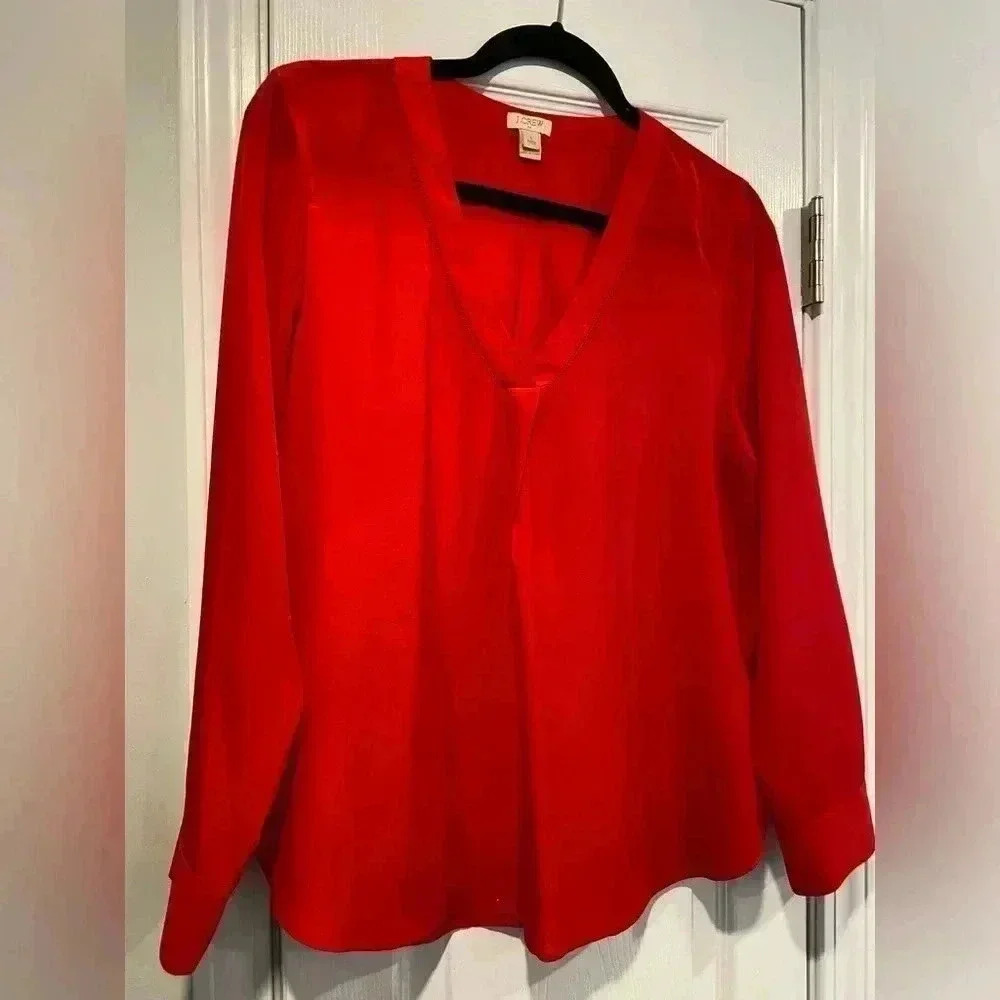 J. Crew Long Sleeve Flowy V Neck Embroidered Red Blouse Pullover Size Large P